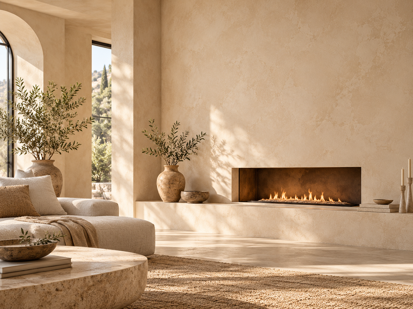 Sunlit living room with a natural mineral-plaster fireplace and textured walls