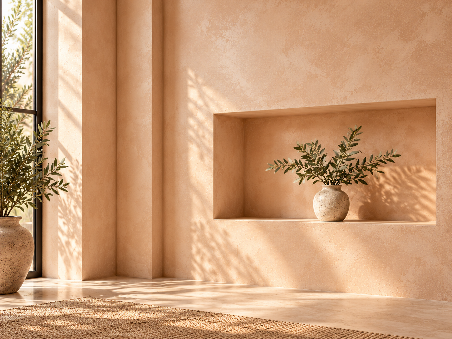 Sunlit Moroccan-inspired plaster niche with a ceramic vase and olive branches
